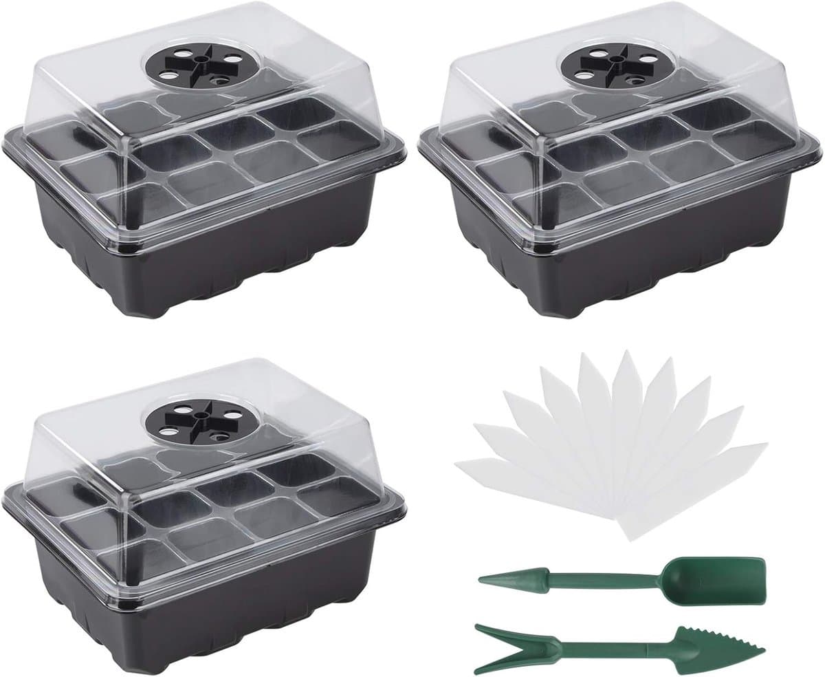 Propagator Tray, 3 Set Kiemlade met Vochtigheid Verstelbare Kas Plant Starter Grower Kwekerij Box voor Zaad Beginnen en Groeien (12 Cellen per Dienblad) — afbeelding 1