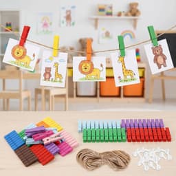 SnelShoppen - 100 Stuks Mini Houten Kledingknijpers voor Foto's, Kleurige Mini Klemmen met 10m Jute Touw voor Creatieve Fotocollages, Postkaarten en C — thumbnail 2