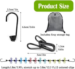 Dailygoods- Waslijn Draagbaar 180-300 cm - Waslijn met 12 Klemmen - Antislip Design - Reiswaslijn - Duurzaam Materiaal - Geschikt voor Buiten en Binnen — thumbnail 4