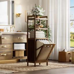 Wasmand kast bamboe met 3 planken uitneembare wasmand opbergkast ruimtebesparend badkamerkast 119 cm — thumbnail 4