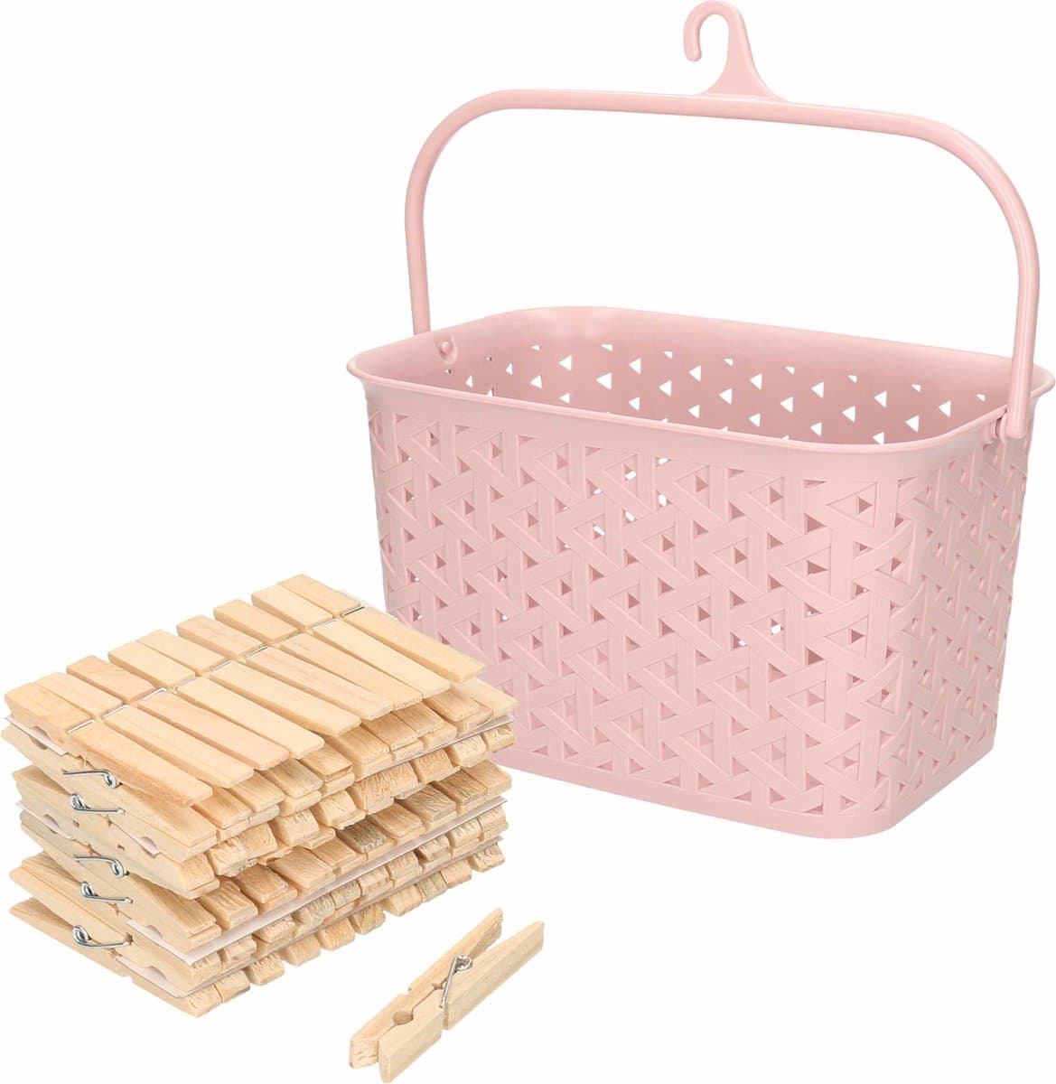 Wasknijpers mandje met ophanghaak - roze - gevuld met 100x houten wasknijpers van 7 cm - was ophangen — afbeelding 1