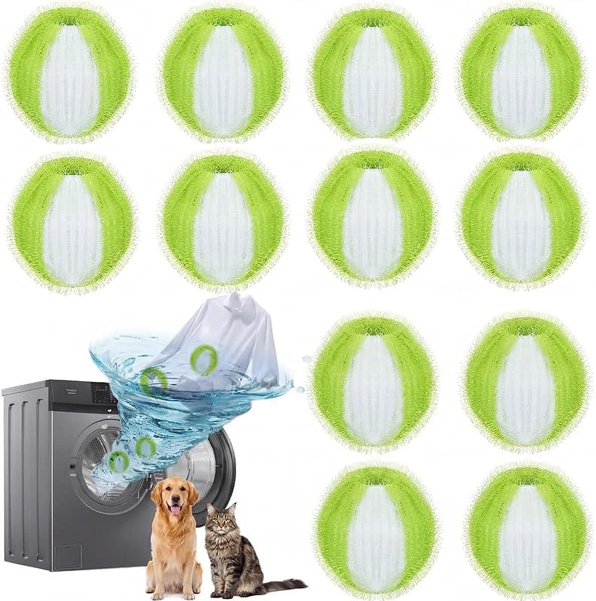12-delige haarvangers voor wasmachine - wasbol - wasbollen voor wasmachine – Herbruikbare pluizenballen voor de wasmachine – Dierenhaarvanger – Voor het verwijderen van dierenhaar – Kunststof – Groen — afbeelding 1