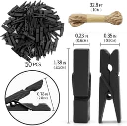 Mini Wasknijpers - Houten Knijpers - Foto's Ophangen - Met Jute Touw - 100 Stuks - Zwart — thumbnail 5
