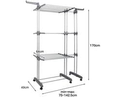 LUMÉ STORE Droogrek - Droogtoren - Wasrek - XL - 3 Niveaus - 6 Vleugels - Uitschuifbaar - Wielen - Opvouwbaar - 75-142cm - Grijs