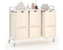 Wasmand met 3 uittrekbare oxfordzakken, legplank, metalen frame en wieltjes, wit 84x30x76,5cm, verrijdbaar voor badkamer en slaapkamer