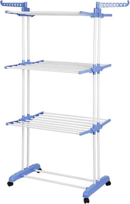 Wasrek met wieltjes - Kledingdroger toren - Ruimtebesparend drogen - Inklapbaar met zijvleugels - 170 cm hoog - Blauw — thumbnail 1
