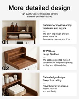 Werkblad Wasmachine Droger - Wastafelblad Organizer - Praktische Werkruimte - Verhoogde Randen - 120 x 60 cm - Bruin — thumbnail 2