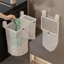 KZQ Wall-Mounted Laundry Basket With Suction Cups Foldable Carbon Steel Frame & Mesh Storage For Bathroom/Bedroom Organization Space Efficient Bathroom Clothes Bin — thumbnail 4