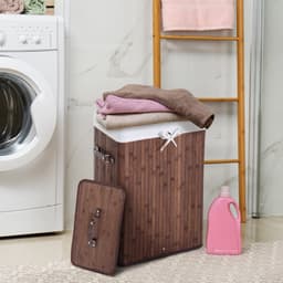 Wasmand - Wasmand met deksel - 72 liter - Opvouwbaar - Wasbare waszak - Met handvat - 40x30x60 cm - Geschikt voor badkamers, wasruimtes en slaapkamers - Donkerbruin — thumbnail 2