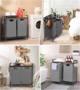 Wasmand met 2 Vakken - 92 Liter - Industrieel Wastsysteem met Houten Plank & Metaal Frame - Uitschuifbaar & Op Wielen - Wasmand voor Badkamer & Slaapkamer - 73x30x74 cm — thumbnail 3