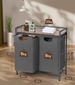 Wasmand met 2 Vakken - 92 Liter - Industrieel Wastsysteem met Houten Plank & Metaal Frame - Uitschuifbaar & Op Wielen - Wasmand voor Badkamer & Slaapkamer - 73x30x74 cm — thumbnail 2