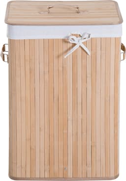 Wasmand, opvouwbare bamboe wasmand met deksel, voorzien van uitneembare binnenzak en 3 PU-handgrepen, afmetingen 40 x 30 x 60 cm (hoogte), beige — thumbnail 1