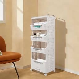 4-laags wasmand – Voor woonkamer en badkamer – met 360° draaibare functie, stille wielen en opvouwbaar kledingopbergrek – metaal/kunststof – wit — thumbnail 4
