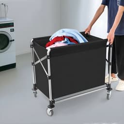 Wasmandkar – Voor hotels en woningen – opvouwbaar met zwenkwielen en metalen frame met binnenvoering, hoge draagkracht (200 kg) – metaal/kunststof – zwart — thumbnail 3