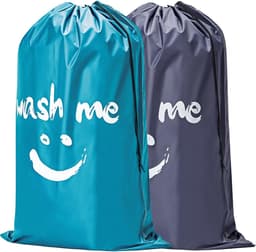 2 Stuks - Grote Waszakken - 70 x 45 cm - Opvouwbare Reiswaszak - Met Trekkoord - Opbergzak voor Vuile Wasgoed - Polyester - Praktische Opbergzak voor Vuile Wasgoed - Geschikt voor Reis, Slaapzalen en Thuis - Blauw, Grijs — thumbnail 1