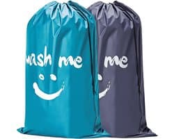 2 Stuks - Grote Waszakken - 70 x 45 cm - Opvouwbare Reiswaszak - Met Trekkoord - Opbergzak voor Vuile Wasgoed - Polyester - Praktische Opbergzak voor Vuile Wasgoed - Geschikt voor Reis, Slaapzalen en Thuis - Blauw, Grijs