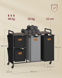 Conway Living - Wasmanden 3 vakken - 3x38 L - 92 x 33 x 72 cm - Wassorteerder - Wasmand Grijs — thumbnail 2