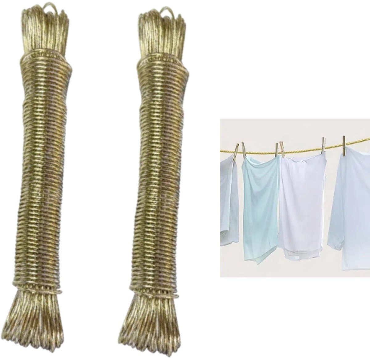 2 stuks - waslijn - Verdikte stalen draad - Waslijn voor het drogen van kleding en beddengoed - 2 mm * 20 m - Goudgeel - Hoog draagvermogen - Draagbaar - Geschikt voor thuis, in de tuin, op het balkon, op de camping — afbeelding 1