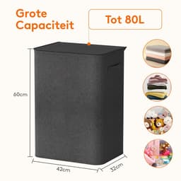 Wasmand - Grote wasmand met deksel - 80 liter zwart - Vuile kledingmand - Met afneembare zakken - Geschikt voor badkamer en slaapkamer — thumbnail 3