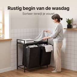 Lomera Wasmand met 2 Vakken - Wassorteerder - Dubbele Wasmand - Uitschuifbaar met Plank - Uitneembare Waszakken - Wasgoedsorteerder - Metalen Frame - Wasmand Kast - Laundry Basket - Wasmand Sorteerfunctie - Zwart — thumbnail 2