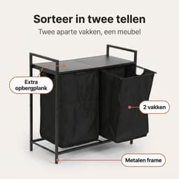 Lomera Wasmand met 2 Vakken - Wassorteerder - Dubbele Wasmand - Uitschuifbaar met Plank - Uitneembare Waszakken - Wasgoedsorteerder - Metalen Frame - Wasmand Kast - Laundry Basket - Wasmand Sorteerfunctie - Zwart — thumbnail 4