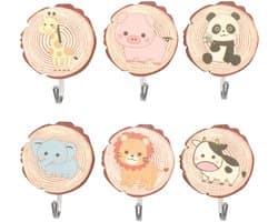 Allecto - Zelfklevende haken - Schattige kinderhaken - Milieuvriendelijk hout - Cartoon dieren - Voor kleding en handdoeken - 6 stuks