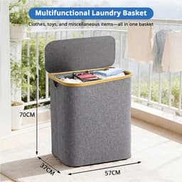 Wasmand met 3 vakken geschikt voor badkamer, slaapkamer en balkon – met deksel, grote inhoud van 160 liter – voor gescheiden opbergen – Grijs — thumbnail 2