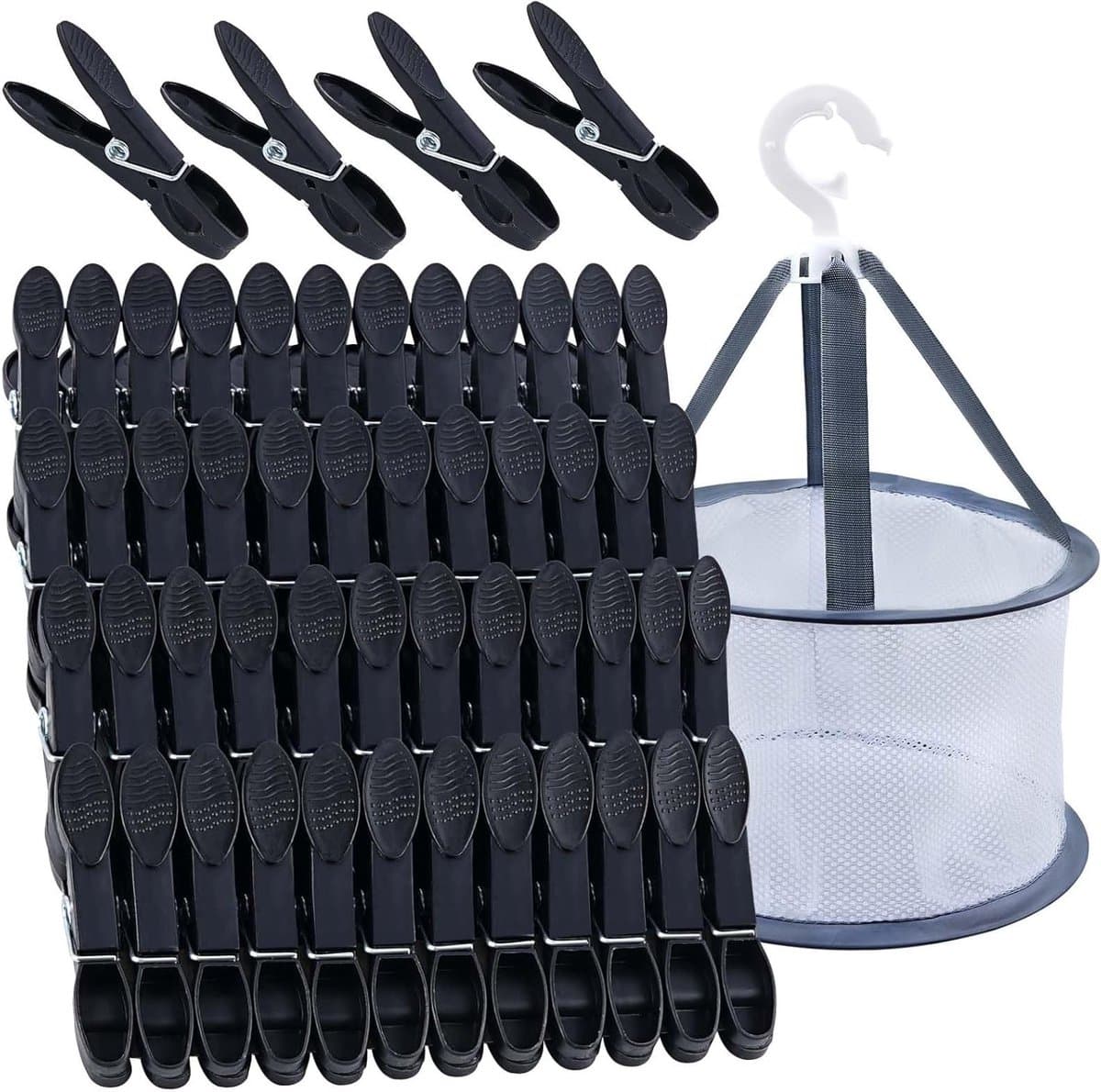 48 Stuks Zwarte Wasknijpers met Mand, Winddichte Kleurige Wasknijpers van Kunststof voor Kleding en Sokken, Ideaal voor Waslijnen en Kledingstukken — afbeelding 1