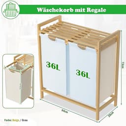 Wasmand van Oxford-weefsel, 2 x 36 liter, 2 vakken, afneembare wasverzamelaar met plank en bamboeframe, waszak, uittrekbaar, efficiënte wasopslag voor bijkeuken, beige NAIZY — thumbnail 2