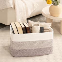 Kleine katoenen touwmand van 45 liter, mand voor speelgoed, dekens, kleding, geweven wasmand met handvatten, stoffen wasmand voor decoratief gebruik in de kinderkamer of woonkamer, bruin kleurverloop — thumbnail 2