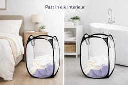 Wasmand Opvouwbaar 36x36x59 cm – Waszak met Stalen Frame & Gaas – Lichtgewicht Wasbox met Handvatten – Zwart/Wit — thumbnail 3