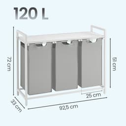 VASAGLE BLH301W03 - Wasmand met 3 Vakken - Uittrekbare en Afneembare Waszakken - Met Opbergrek — thumbnail 2