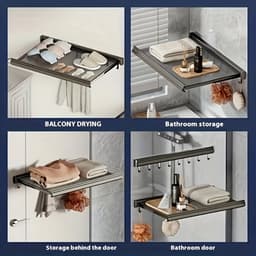 Droogrek-Wasrek hangend-Wandgemonteerde Uitschuifbare Wasrek met 8 Haken & Zwevende Planken -Heavy-Duty Aluminium-Grijs 60 cm. — thumbnail 3