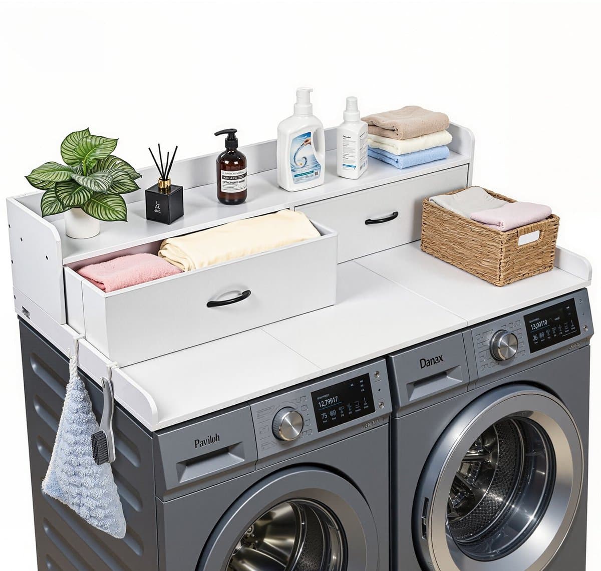 Werkblad/bovenblad voor wasmachine en droger - Met opbergruimte - Afmeting 137 x 69,9 cm - Plank, 2 lades en haken - Draagvermogen 113 kg - Voor wasruimte/linnenkast - Wit — afbeelding 1