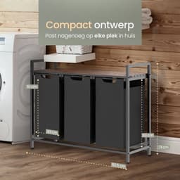 Van Elmont Wasmand 3 vakken – Wassorteerder - Wasmanden - Wasbox - 114 liter - uitschuifbaar met plank - Zwart - 92.5 x 33 x 72 cm — thumbnail 2