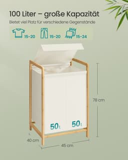 Wasmand – Met bamboe frame – Twee compartimenten – Afneembaar deksel – 100 L – Crèmewit – 45 x 40 x 78 cm — thumbnail 5