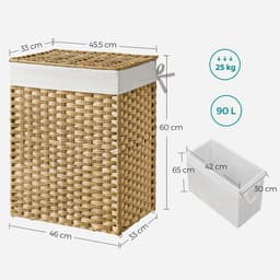 Handgeweven wasmand 90 L - synthetisch rotan - deksel en handvatten - opvouwbaar - afneembare waszak - natuurlijke kleur — thumbnail 2