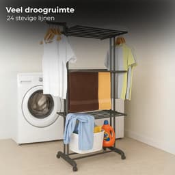 Lomera Inklapbaar Wasrek - Zwart Droogrek - Met Wieltjes - Stalen Buizen - Kunststof Verbindingsstukken - 24 Waslijnen - Waslijnen - Ruimtebesparend Wasrek - Staand Droogrek - Stevig En Duurzaam - Eenvoudig Op Te Bergen — thumbnail 2