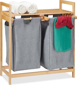dubbele wasmand - op poten - 2 vakken - 2x 30 liter waszak - bamboe wassorteerder - natuur-grijs — thumbnail 1
