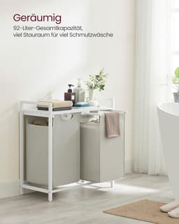 Wasmand 2 vakken – uitschuifbare wassorteerder met plank - 73 x 33 x 72 cm – metaal - Wit — thumbnail 3