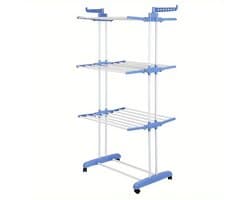 Opvouwbare Metalen Kapstok met Wielen, stevig 4 layers, Zijvleugels,Huge capaciteit Droogrek voor Binnen en Buiten, Uitschuifbare Kledinghouder Kledingstang, Blauw