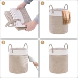 Wasmand Katoen - Opbergmand 40 ltr - Gevlochten mand - Wasmand opvouwbaar - Met handvaten - 100% Handgeweven Biologisch Katoen - Dekenmand - Speelgoedmand - Stevig - Linnen-look - Wit/Beige — thumbnail 5