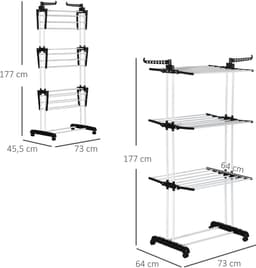Pugsdrly Droogrek, 4 niveaus, inklapbaar, 4 wielen met 2 remmen, metalen frame, zwart, 73 x 64 x 177 cm — thumbnail 1