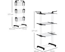 Pugsdrly Droogrek, 4 niveaus, inklapbaar, 4 wielen met 2 remmen, metalen frame, zwart, 73 x 64 x 177 cm