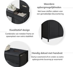 ACAZA Wasmand - Wasmand Met Deksel - 2 Vakken - 120 L - 73 x 33 x 71cm - Zwart — thumbnail 4