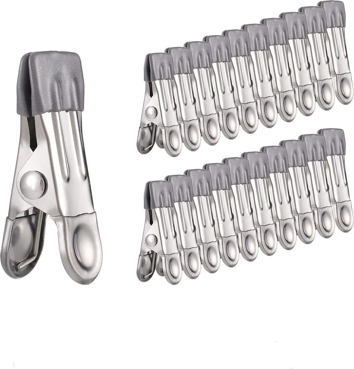 30 roestvrijstalen wasknijpers, multifunctionele antislip metalen wasknijpers, te gebruiken voor het vastklemmen van sokken, schoenen, handdoeken, voedselverpakkingen en foto's (grijs). — afbeelding 1