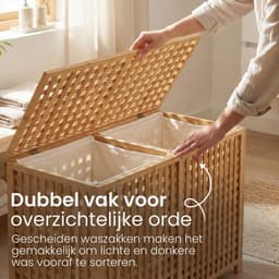 CLP Wasmand met deksel - 2 Vakken Dorothea - rechthoek - Wasbox - waszakken wasbaar uitneembaar - Bamboe Frame - voor Badkamer - natura — thumbnail 3