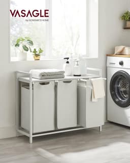 VASAGLE - Wasmand - 114 liter - 3 compartimenten - wasmeubel / wasverzamelaar met plank - Oxford-stof - verwijderbaar metalen frame - 3 x 38 L - 92,5 x 33 x 72 cm - wit — thumbnail 4