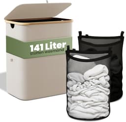 Nince Wasmand - 2 Vakken - 141L - Met Deksel - Wassorteerder - Uitneembare Waszakken - Bamboe - Opvouwbaar - Beige — thumbnail 1