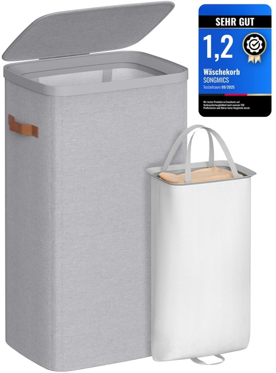 Wasmand, 100 L wasmand, met deksel en handgrepen, verwijderbare voering, eenvoudige montage, 42 x 32 x 75 cm, duifgrijs LCB811GD01 — afbeelding 1